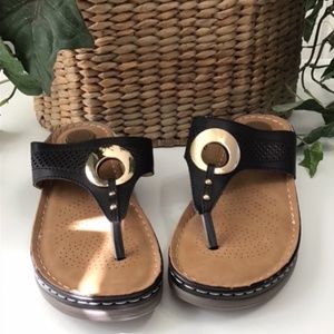 Atalina Black leather Sandal with gold accent